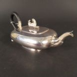 A Dutch silver teapot on flared rim base, wooden handle and unusual hippocamp finial to lid,