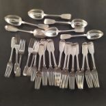 A part canteen of Victorian silver cutlery, twelve dinner forks, six side forks and six spoons,