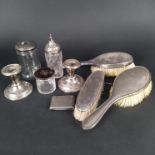 Mixed silver including silver backed brushes, candlesticks (as found),