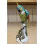 A 19th Century Dresden marked macaw parrot perching on a branch with a mouse at his feet (as found,