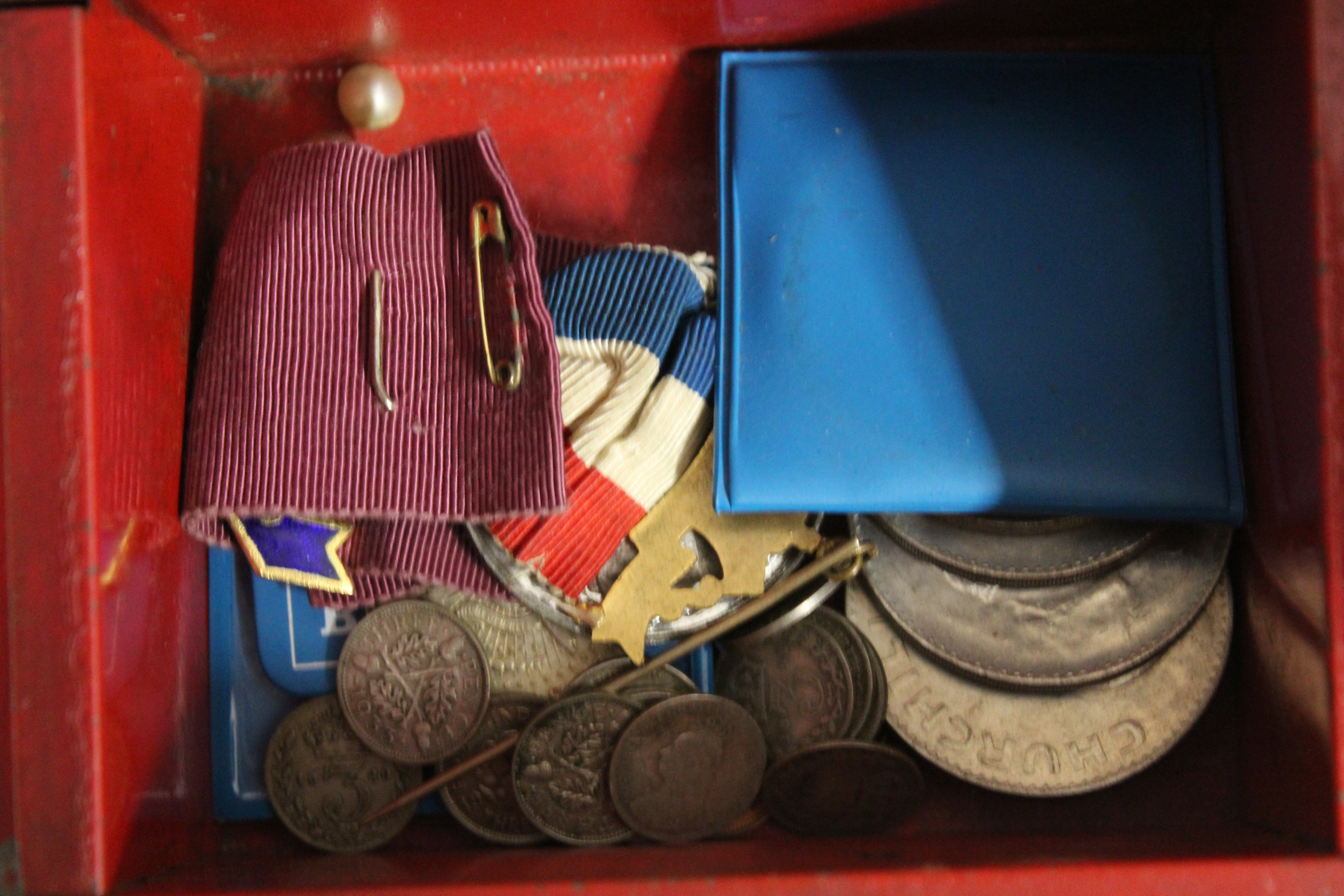 A small cash tin with various collectors Crowns and purse, - Image 2 of 2