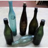 Two early 19th Century hand painted amber glass bottles (Gin and Rum), two green E&G Morse,