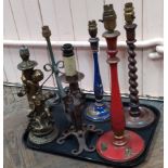 Six vintage table lamp bases including oak barley twist,
