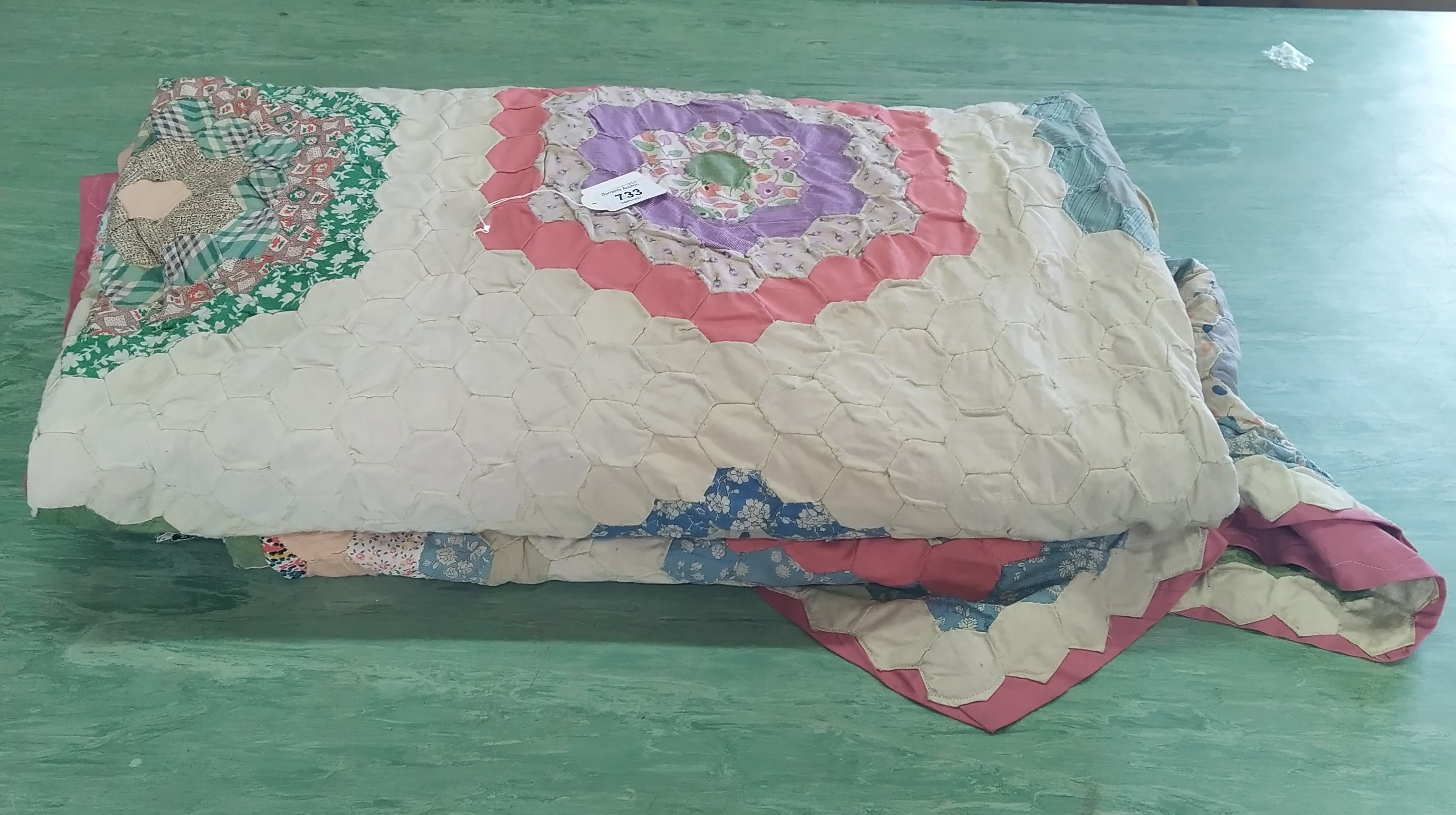 Two vintage handmade double bed size patchwork quilts (one as found)