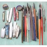 Various vintage dip pens together with a selection of penknives including silver band examples