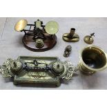 A mixed lot including a Victorian brass double inkwell with ceramic liners,