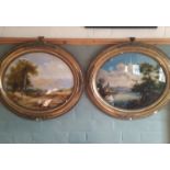 A pair of 19th Century continental rural scenes on canvas applied to oval glass in oval gilt frames