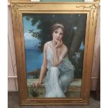 An oil on canvas portrait of a young lady seated on a terrace wall, signed G Rochambeau,