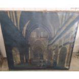 An unframed oil on canvas of a church interior with figures (old repairs),