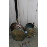 An antique copper bed warmer together with a copper and brass banded swing handle pot plus a brass