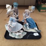 Three Lladro figurines, a young girl with dog,