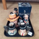 A selection of six medium sized Royal Doulton character jugs including Laurel and Hardy, Wyatt Earp,
