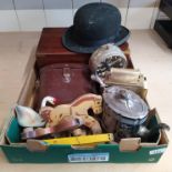A 19th Century mahogany writing box, a bowler hat, a pair of cased binoculars by Swift,