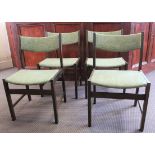 Four mid Century teak Danish Farstrup dining chairs with pale green upholstery and stickers to base