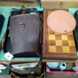 A pair of Ross of London 7x50 binoculars, a carved wooden chess set in a box,