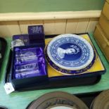 Two commemorative plates for the marriages of Prince Charles plus a boxed pair of whisky tumblers