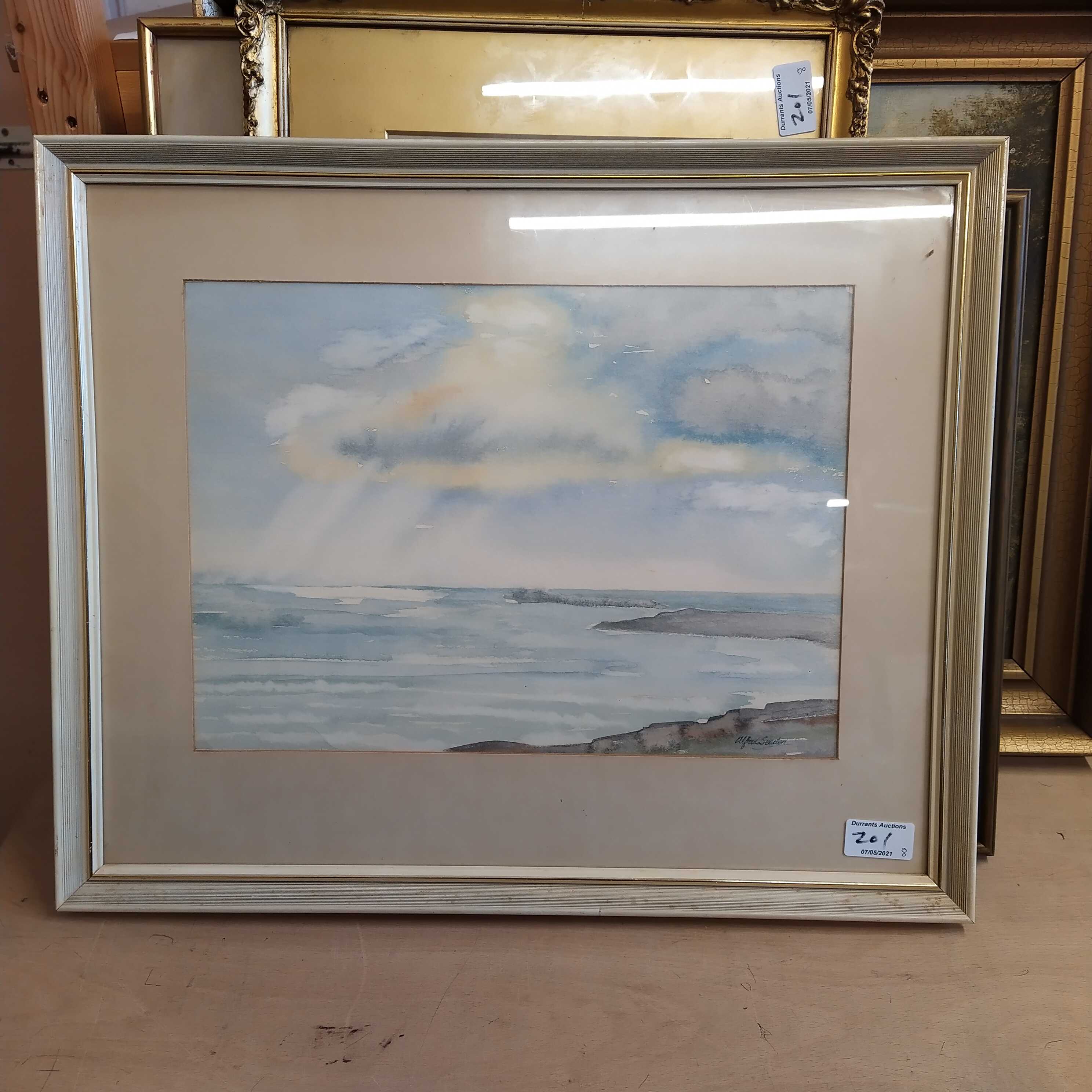 Seven framed and glazed watercolours including a broadland view with wherry, - Image 2 of 3