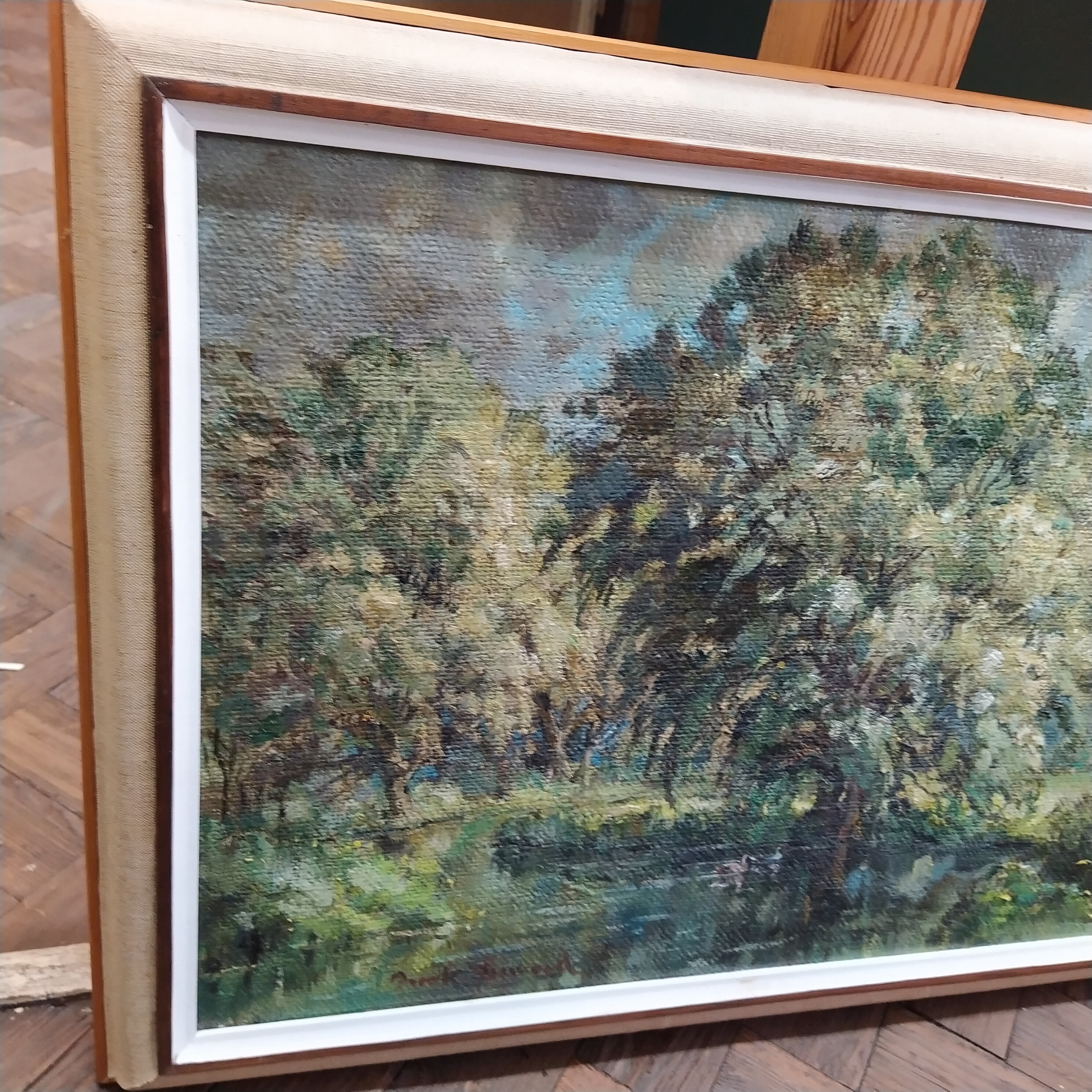 A framed oil on board of ducks on a lake with trees, signed bottom left, possibly Frank Dinwart, - Image 2 of 3