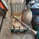 A selection of antique fire irons, fire dogs, fire screen,