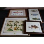 Four various fish/fishing themed prints including vintage examples,