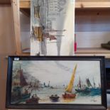 A framed oil on board of a continental beach scene with fishing boats signed 'Terry Burke' plus an
