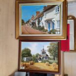 Four oil paintings on board signed Keith Hastings of 'The First Inn in England', country church,