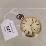 A 14ct gold pocket watch with base metal dust cover and heavily dented case,