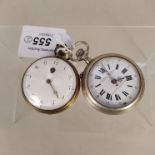 Two pocket watches and a continental silver fob watch on wooden stand (all are as found)