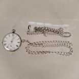 A white metal pocket watch (as found) and two graduating silver watch chains (one with dog clip and