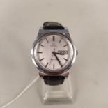 An Omega automatic Geneve wristwatch, stainless steel case, silvered dial, day/date,