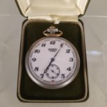 A silver plated Sekonda pocket watch with embossed train decoration to back case