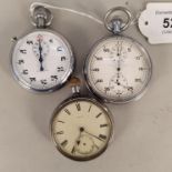 Two silver and chrome plated stop watches plus a silver cased pocket watch