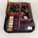 Two vintage wooden boxed large piece chess pieces plus a set of 'Wills' dominoes and a set of bone