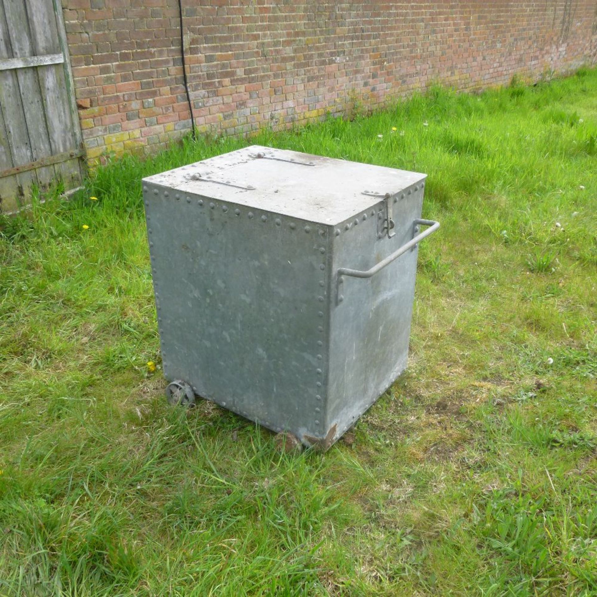 Galvanised feed bin on iron wheels, width 63cm, depth 77cm, height 82cm, in good condition. - Image 2 of 4