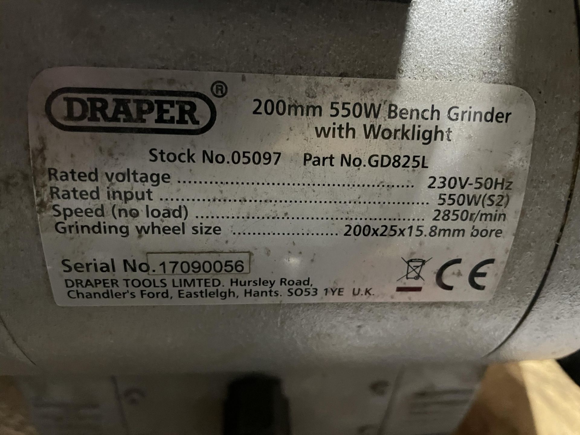 Draper Bench Grinder - 220mm, 550W with worklight - 230V Serial No. 17090056. - Image 3 of 3