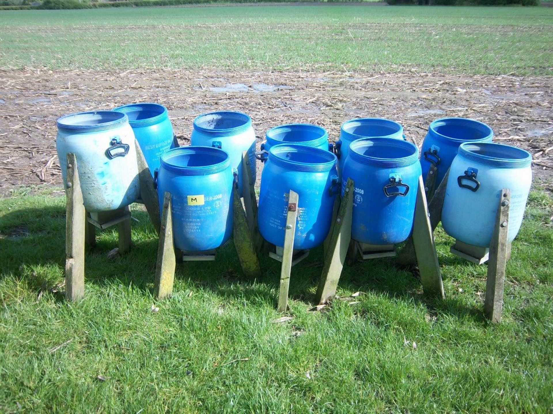 10 x Pheasant Barrel Pan Feeders (30kg approx.), no lids. Stored near Beccles, Suffolk.