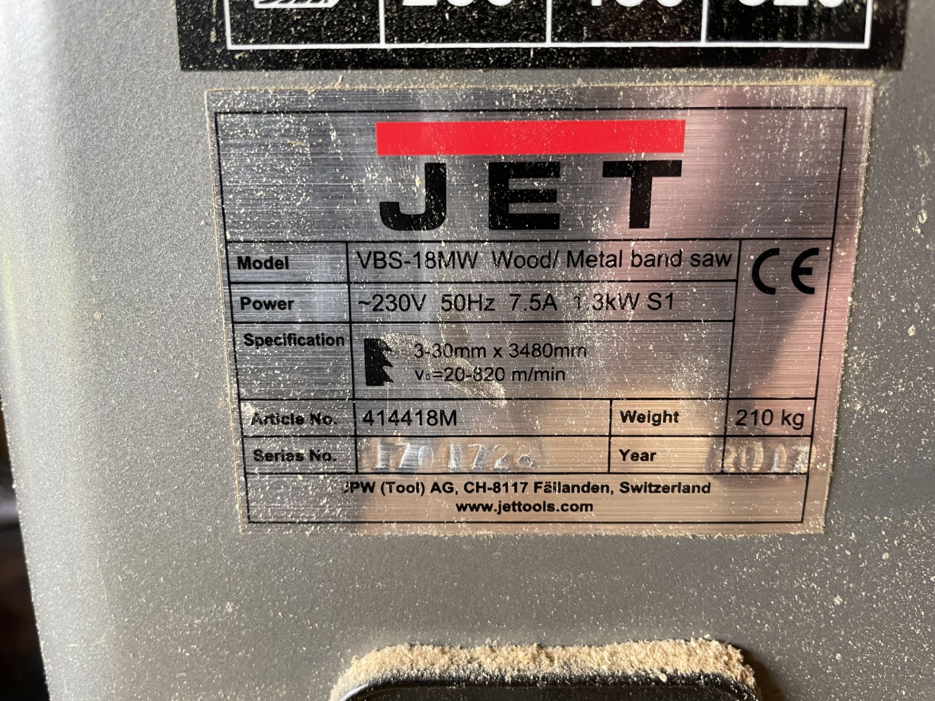 Jet VBS-18MW Wood Metal Band Saw - 230V, 3-30mm x 3480mm, Serial Number 1701728, Year 2017, - Image 6 of 6