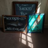 Three framed hand painted advertising boards for 'The Old Silver Darlings', 'Smoked Fish,