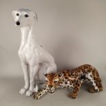 A large Italian porcelain figure of a crouching leopard (tail as found) plus a large white seated