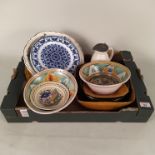 Assorted pottery items including hand painted bowls, pewter lidded water jug,