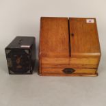 An Edwardian oak stationary cabinet plus a Japanese lacquer three drawer table cabinet