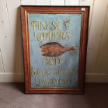 A large hand painted advertising board for 'Finest Kippers, Old Smoke House,