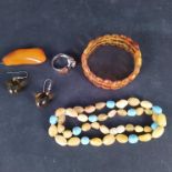 Mixed amber type jewellery including a silver ring,