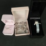 Silver and white metal jewellery including three stone set rings,
