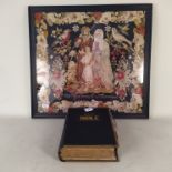 A brass bound large family Bible by the Rev John Browne plus a large framed wool work of Sara and