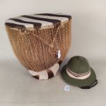 An ethnic zebra skin drum plus a tropical pith helmet by Belmont Bulawayo