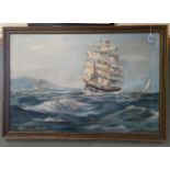 An oil on canvas of sailing ships, signed Arthur W Gilkes,