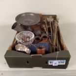Mixed metalware including pewter comport, copper measures,