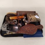 Wood and metalware including bellows, bone and ebony dominoes,