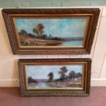 A pair of gilt framed oil landscapes with a cottage, a pond and figures, signed T Hall,